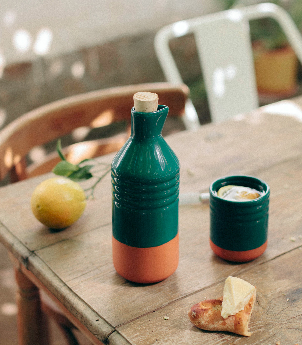 Green Galician ceramic olive oil jug