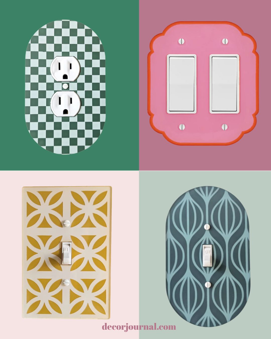 A selection of socket and light switch covers in bright colours and shapes made out of acrylic.