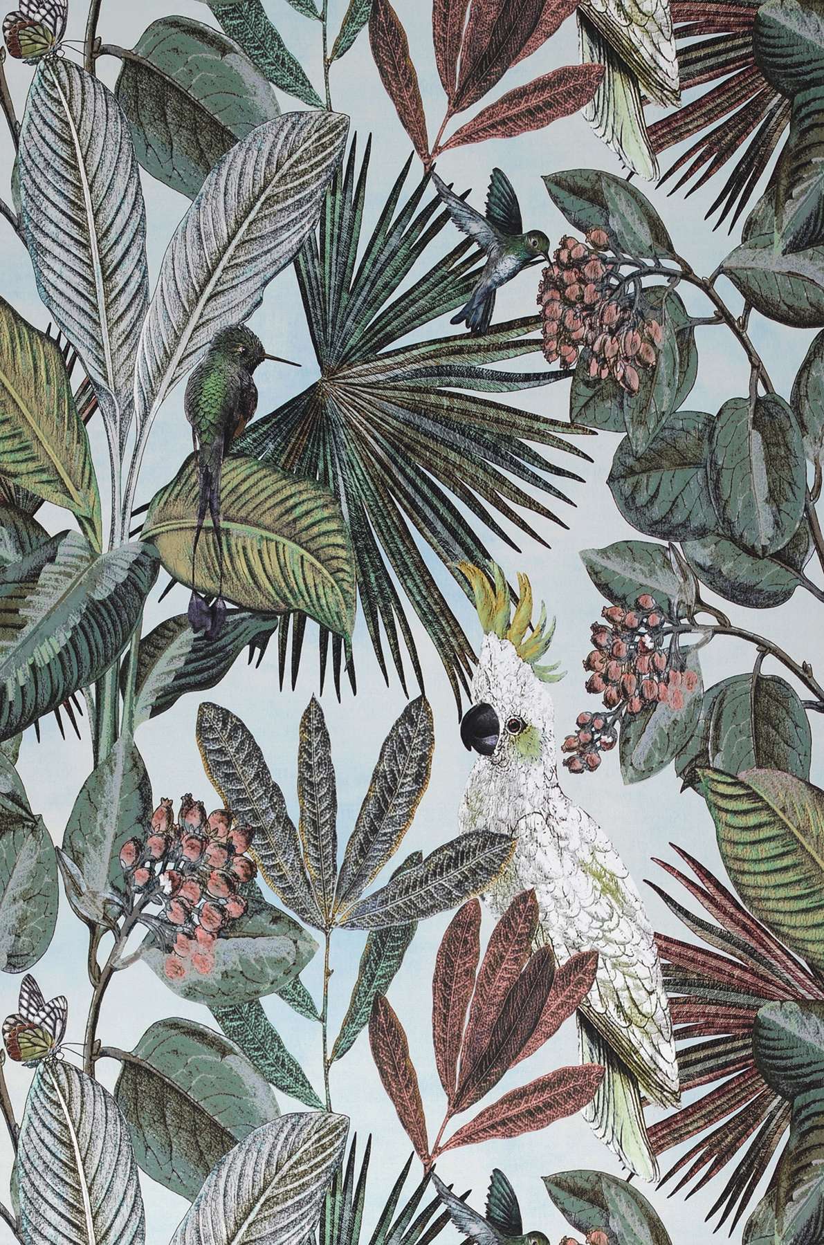 Oversized motif wallpaper from wallpaper from the 70s in tropical bird and leaf print. 