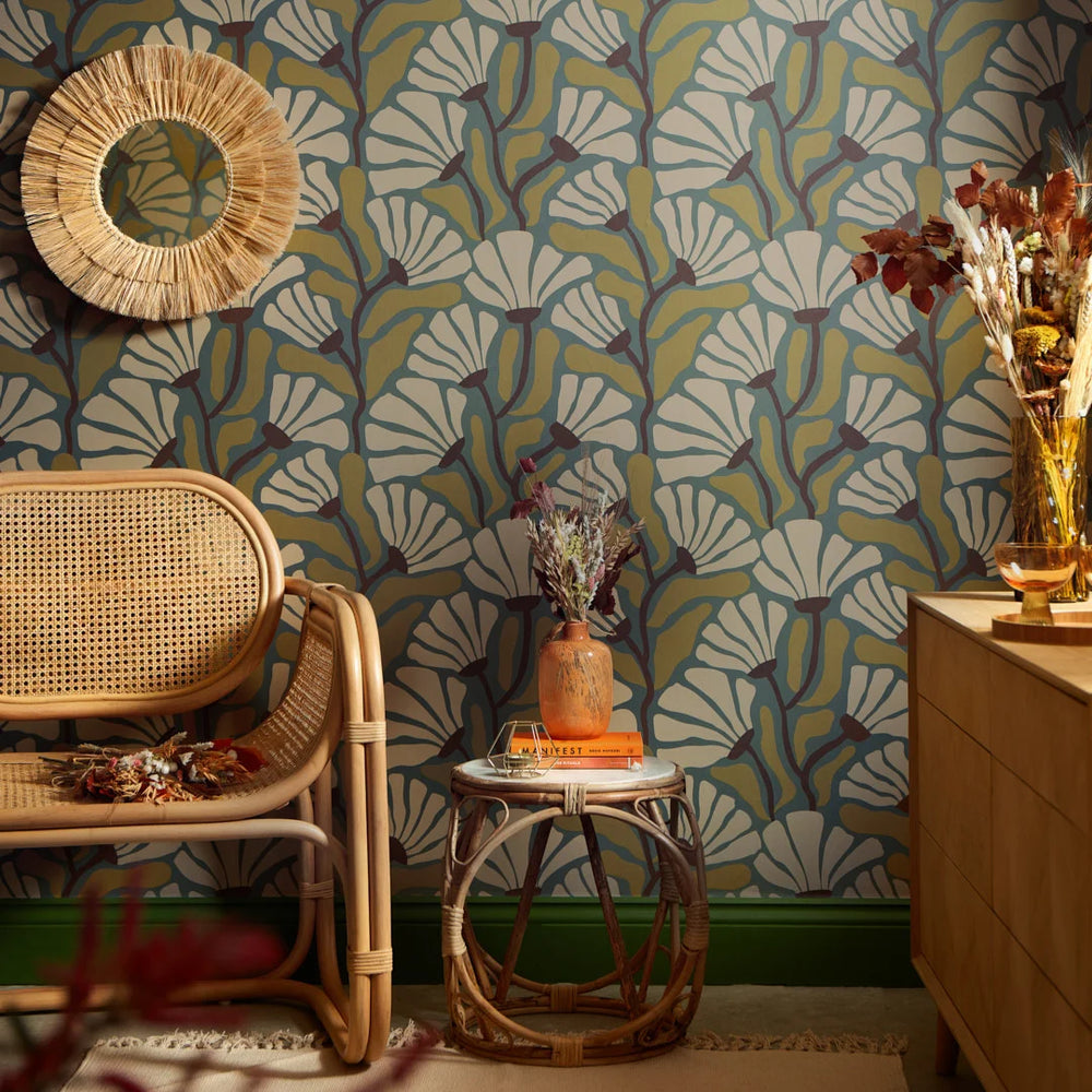 Mad for Matisse Wallpaper in Walnut and Wasabi on Teal