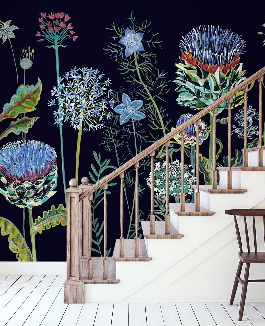 Lucy Tiffney NIGHT GARDEN MURAL WALLPAPER with oversize motif