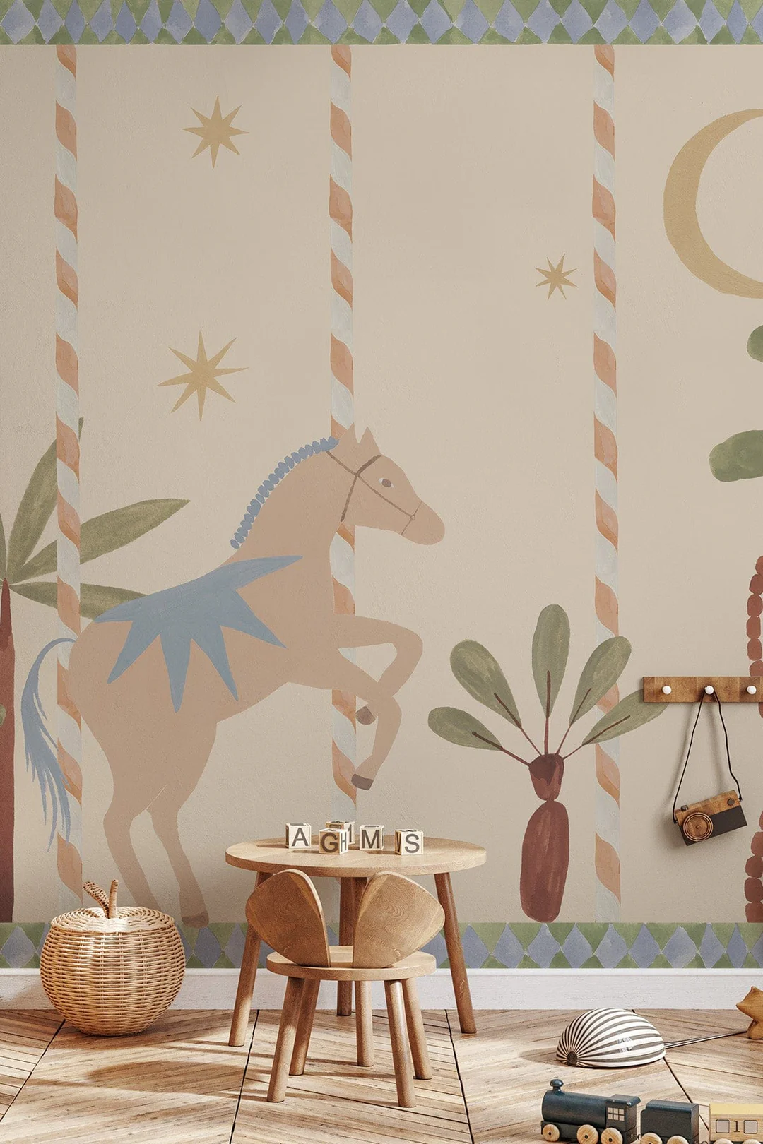 Carousel Multi oversized motif wallpaper by Belarte Studio featuring merry-go-round horses

