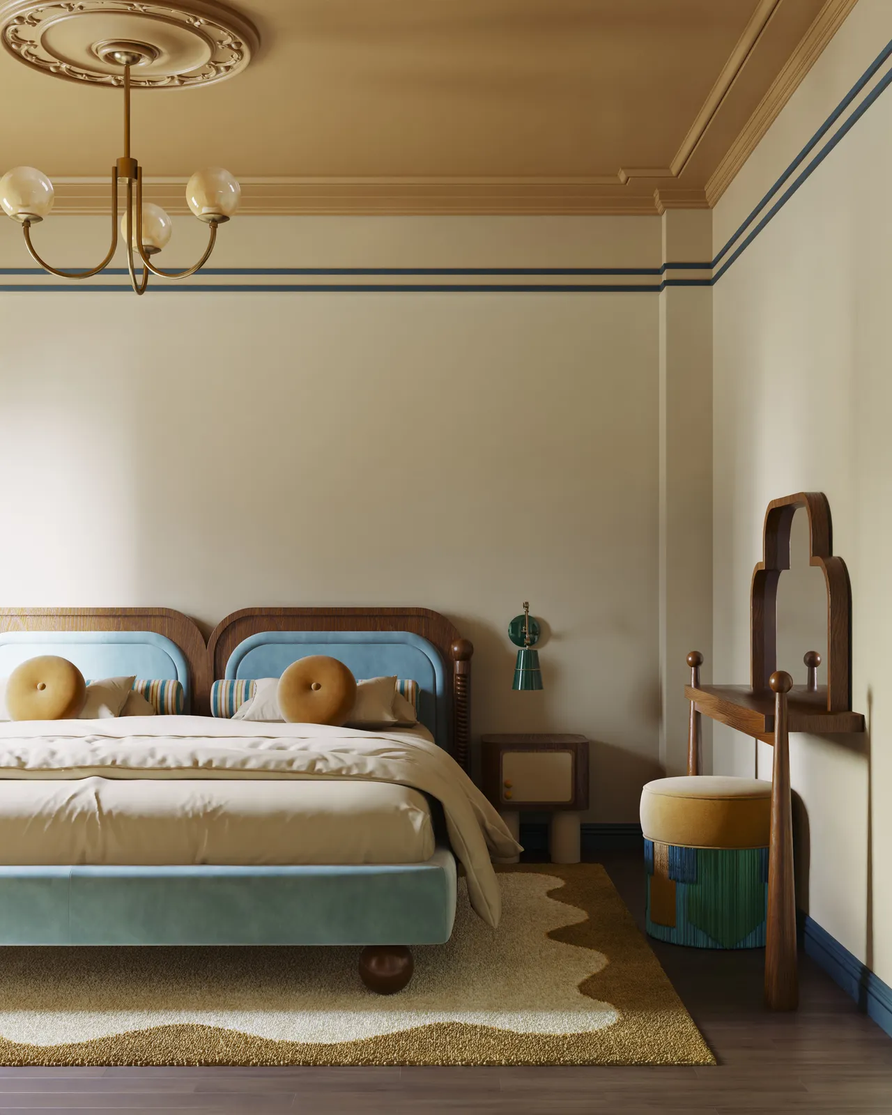 Yellow colour capped bedroom with navy contrast stripe.