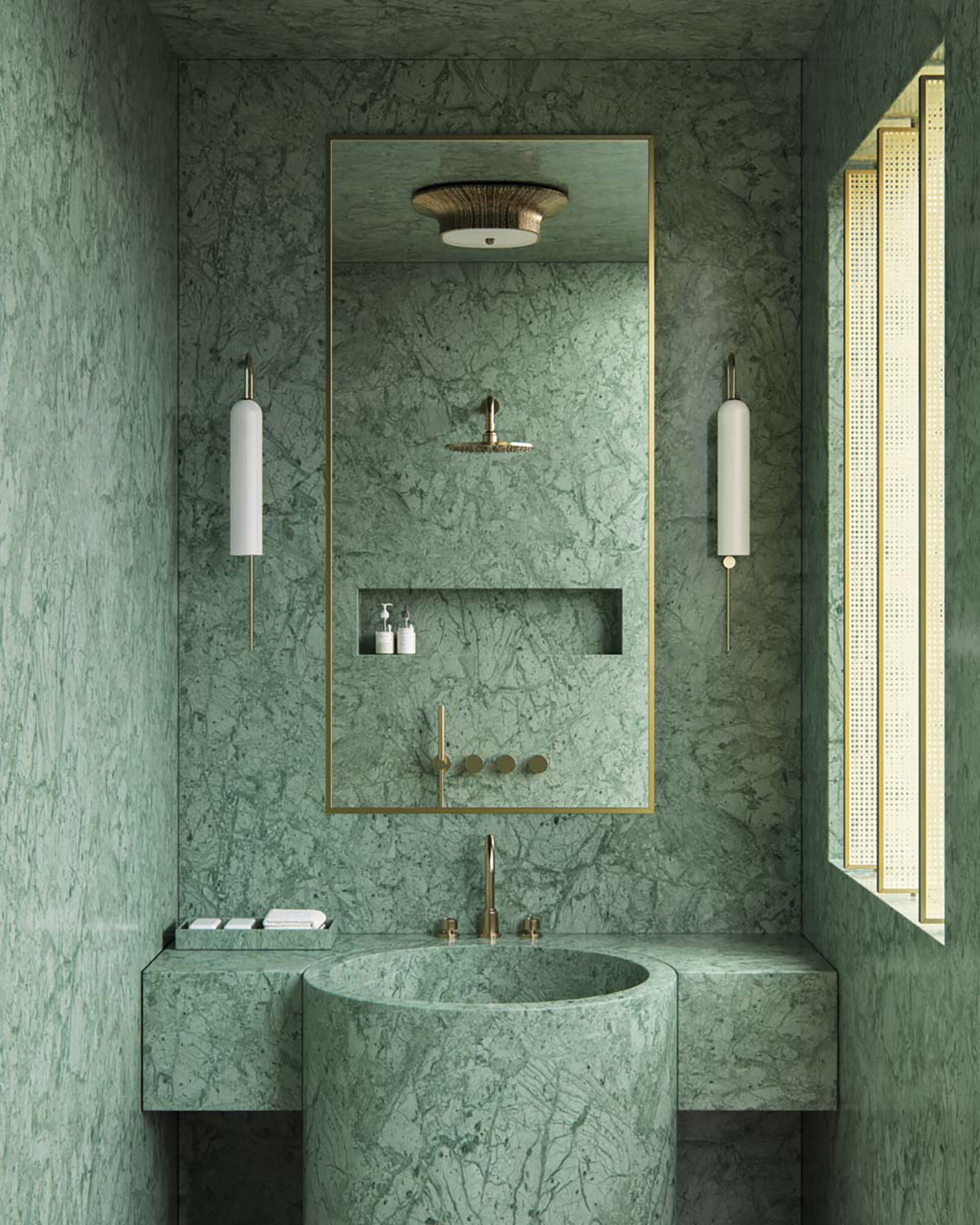 Green marble material drenching in bathroom. 