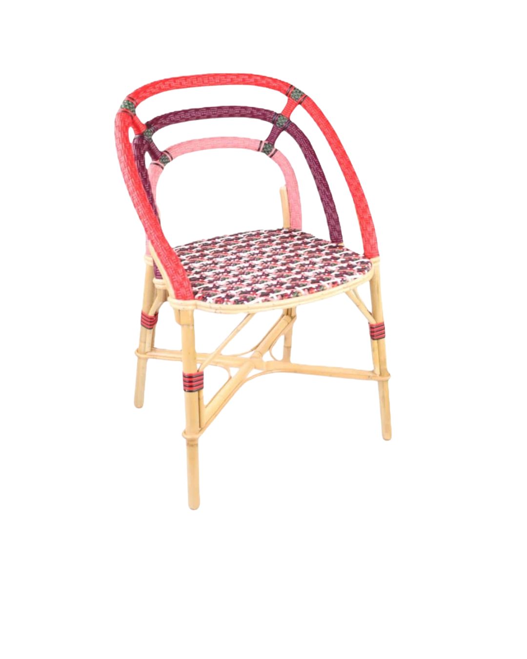 Cane rattan chair, jacquard and colour customisation, sturdy, light, stackable, easy maintenance, semi-outdoor, round shape, staggered legs, original touch for establishments and interiors.