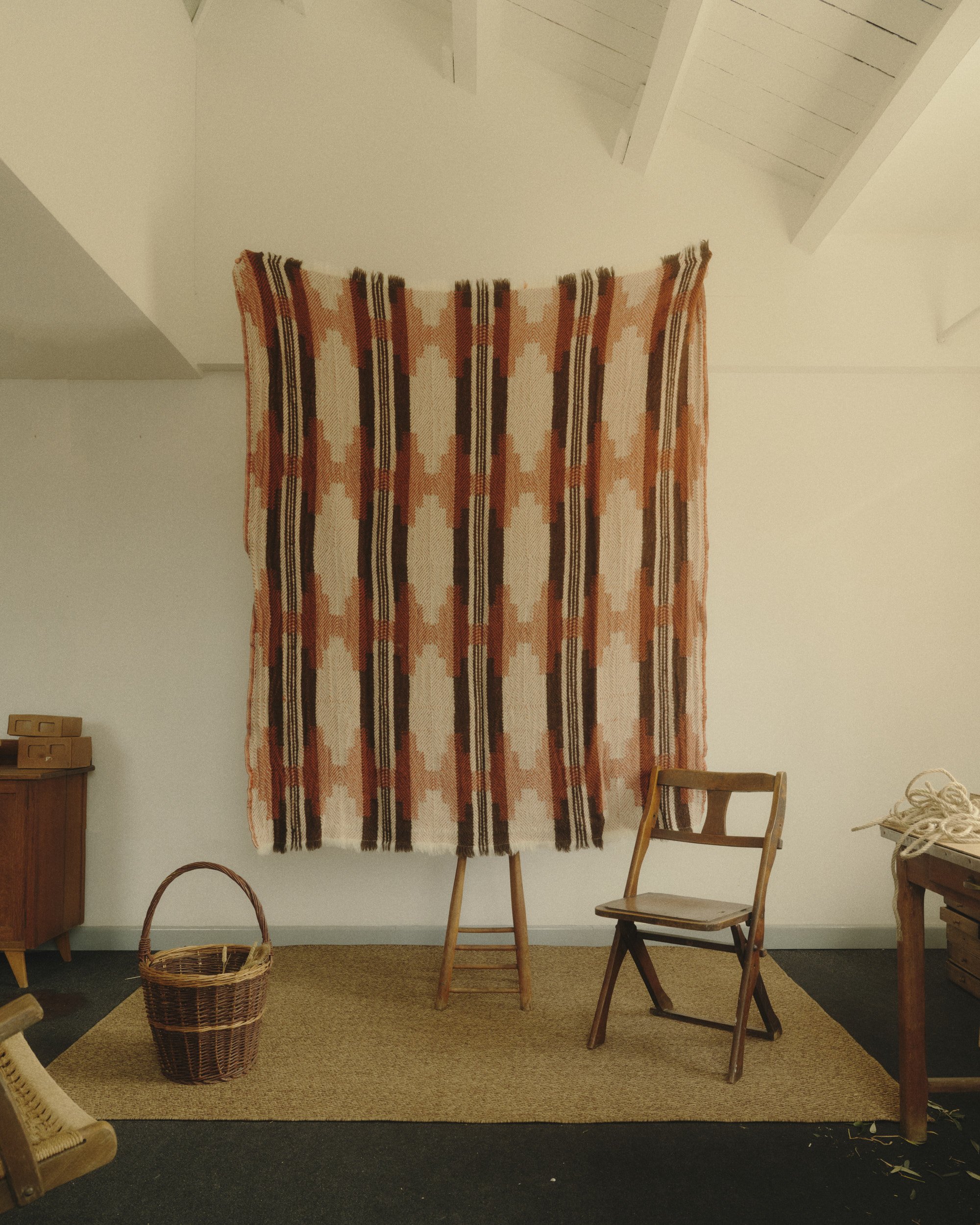 Cream and burnt orange Bulgarian Shevitza Wool Blanket