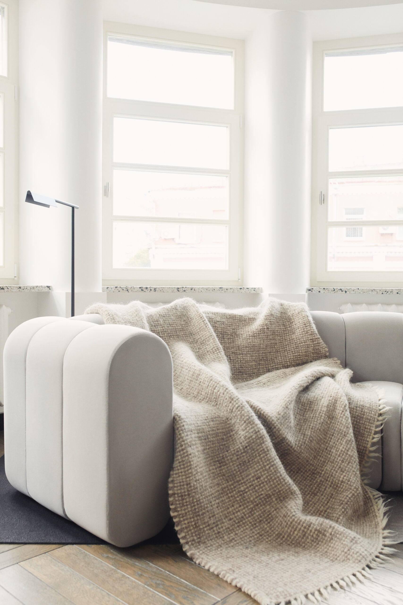 Grey, hand-woven Ukrainian lizhnyk blanket