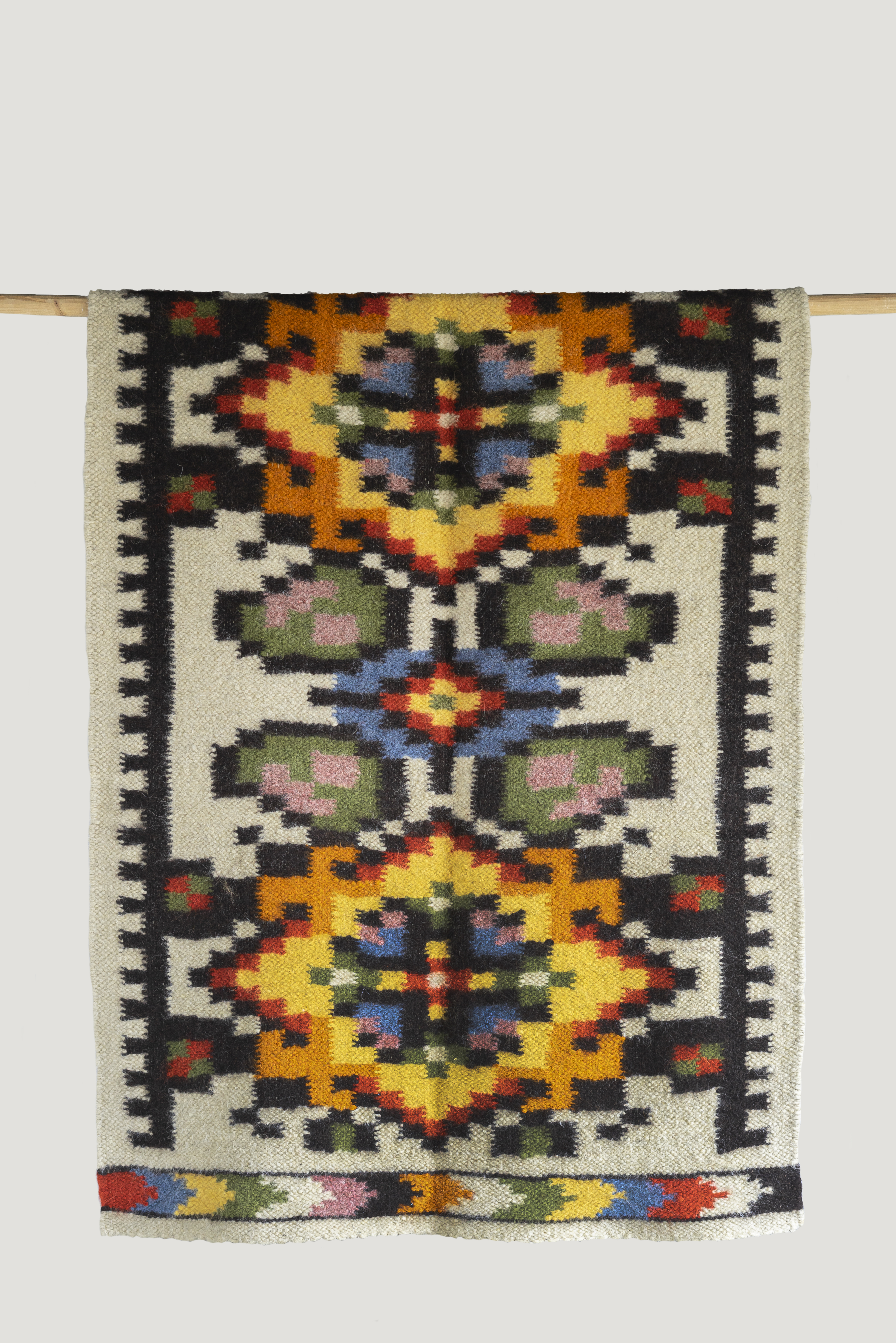Multi-coloured hand-woven Ukrainian lizhnyk blanket/rug. 