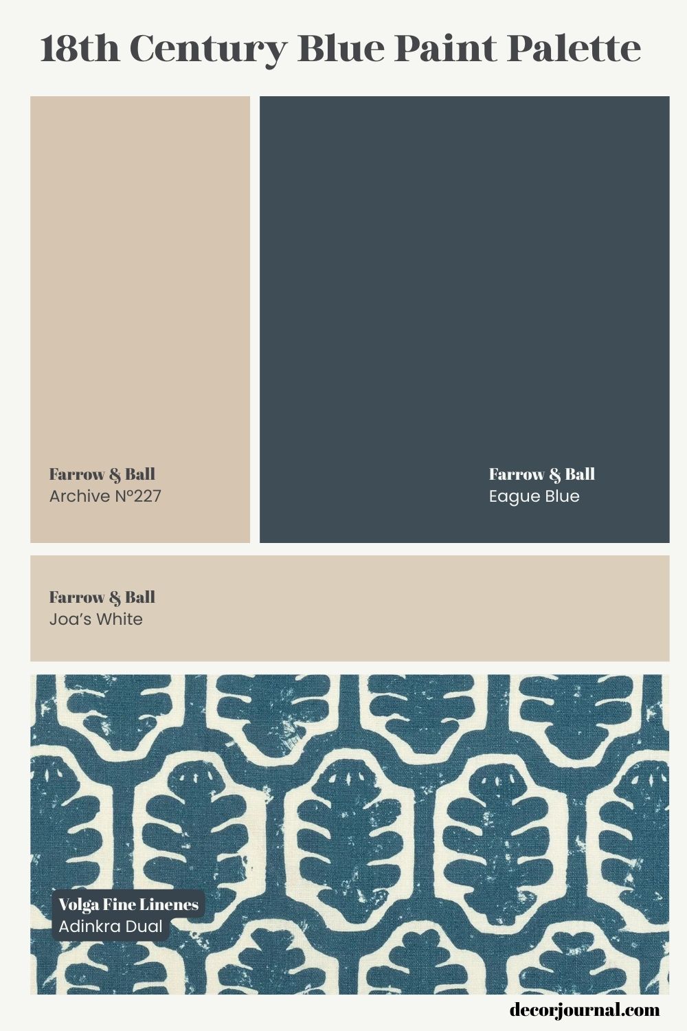 18th Century Blue Paint PaletteIf red was the color of the dining room, blue was the color of the library, a space for intellect and modern luxury. Here, Hague Blue takes center stage as our contemporary answer to the expensive Prussian blues of the 1700s. To keep it from feeling too cold, I’ve layered in Archive and Joa’s White, neutrals with a red-based warmth that makes the blue feel lived-in rather than stark. It’s the perfect backdrop for a room filled with books and low light. 
