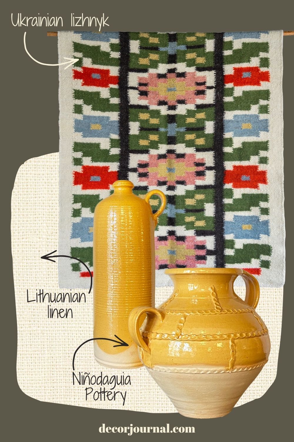 Burrowcore interior design mood board featuring Ukrainian Liznyk, Lithuanian linen, and Galician pottery