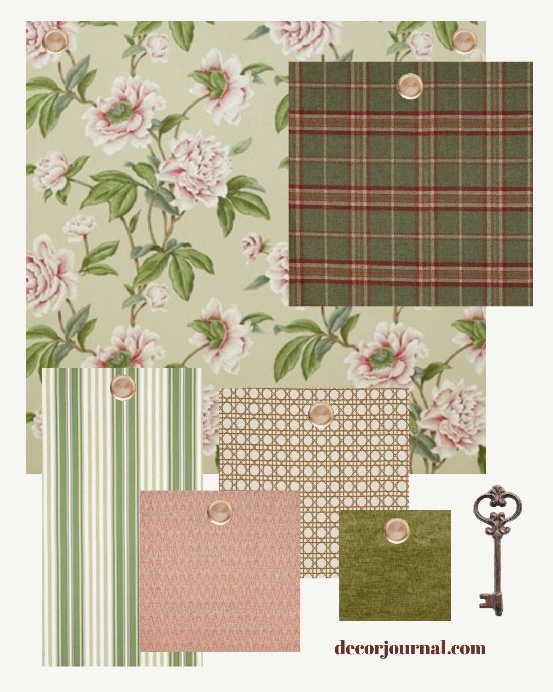 Flatlay of real English country fabric samples including floral chintz, highland plaid, and moss green velvet
