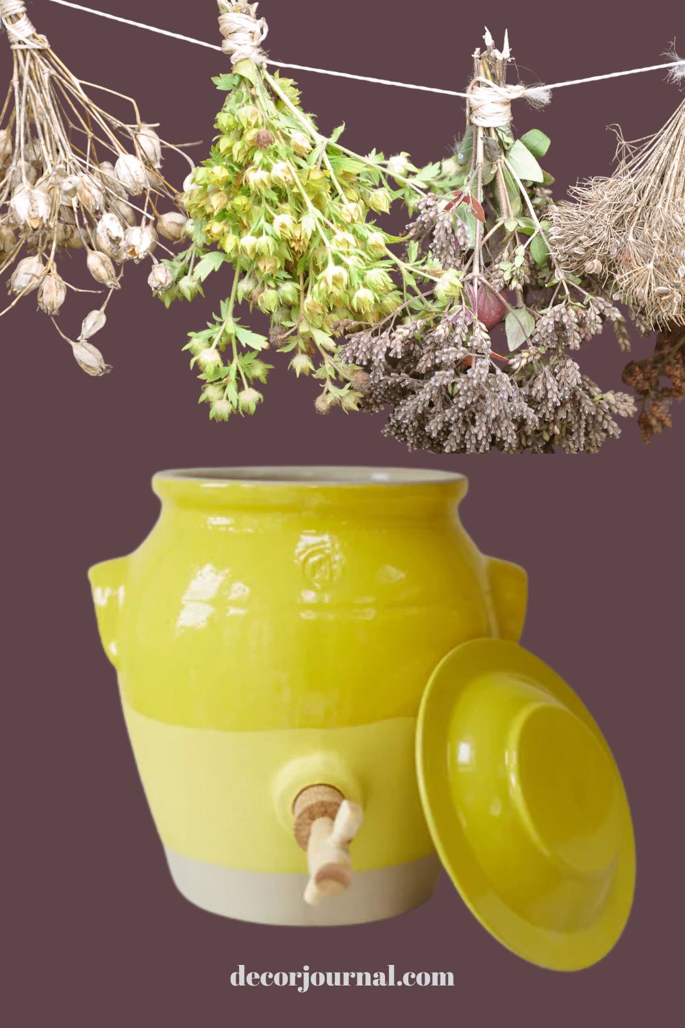 Burrowcore kitchen styling with  French yellow pottery and dried herbs.
