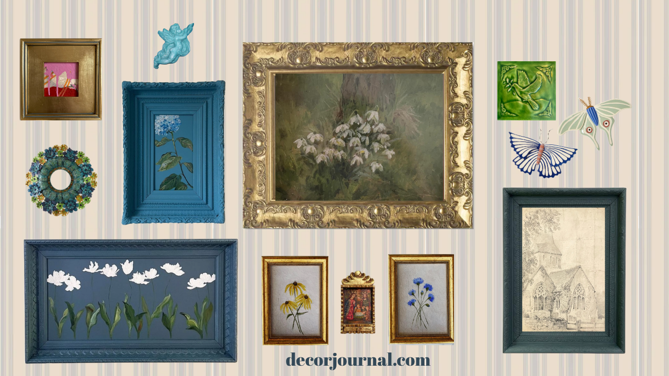A curated heritage gallery wall featuring oil paintings in gilt frames, botanical sketches, and 3D ceramic accents against a blue ticking stripe wallpaper.