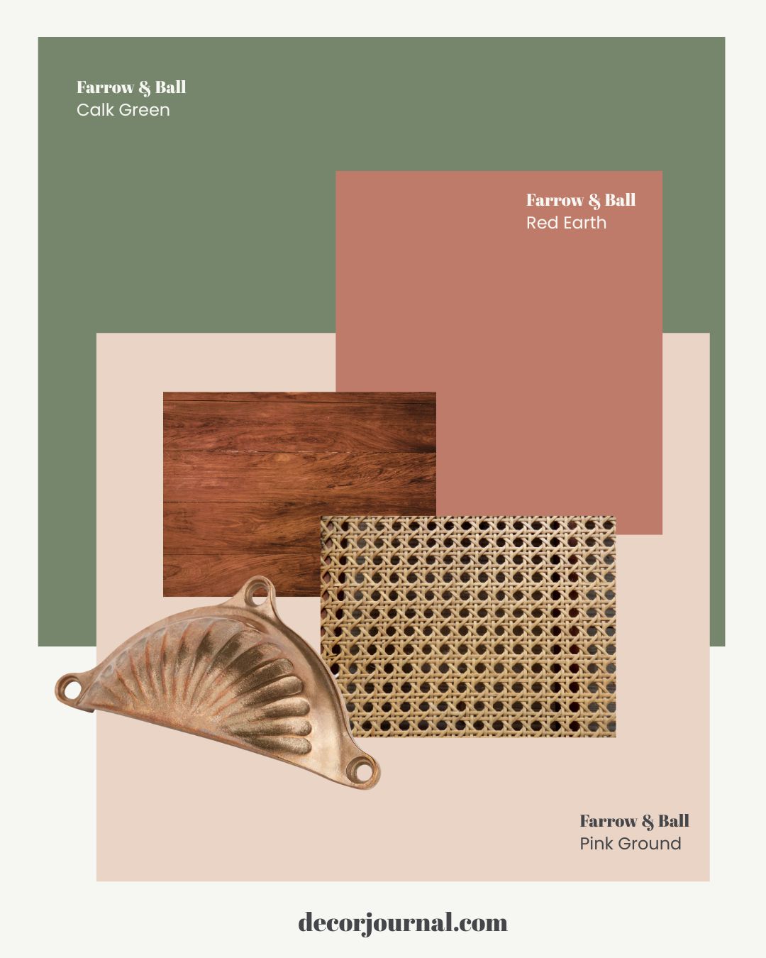 Farrow and Ball heritage paint palette for English country interiors featuring Calk Green, Red Earth, and Pink Ground swatches with antique brass hardware, dark wood, and woven cane textures