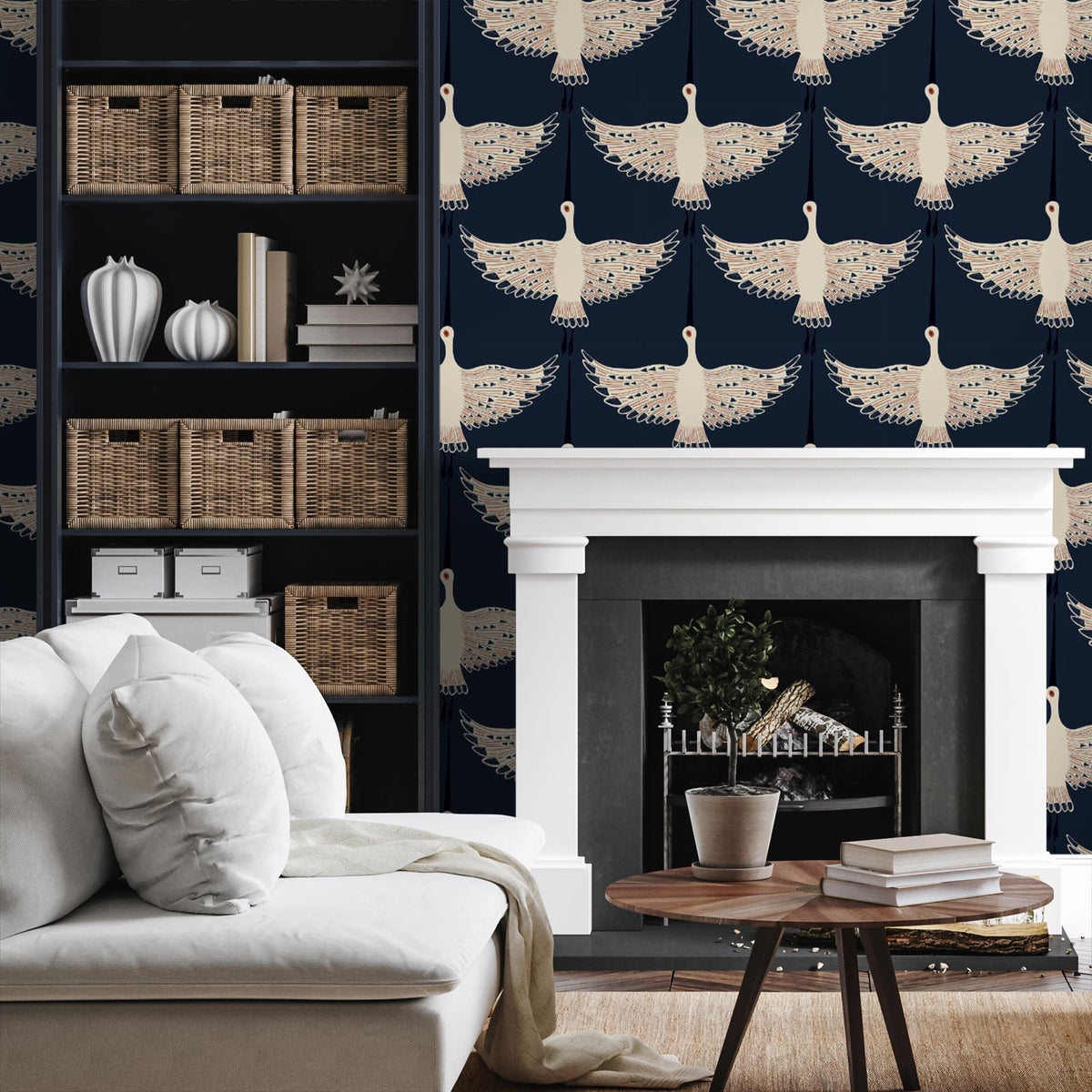 hero prints with large cream birds on navy blue background by Lust Home