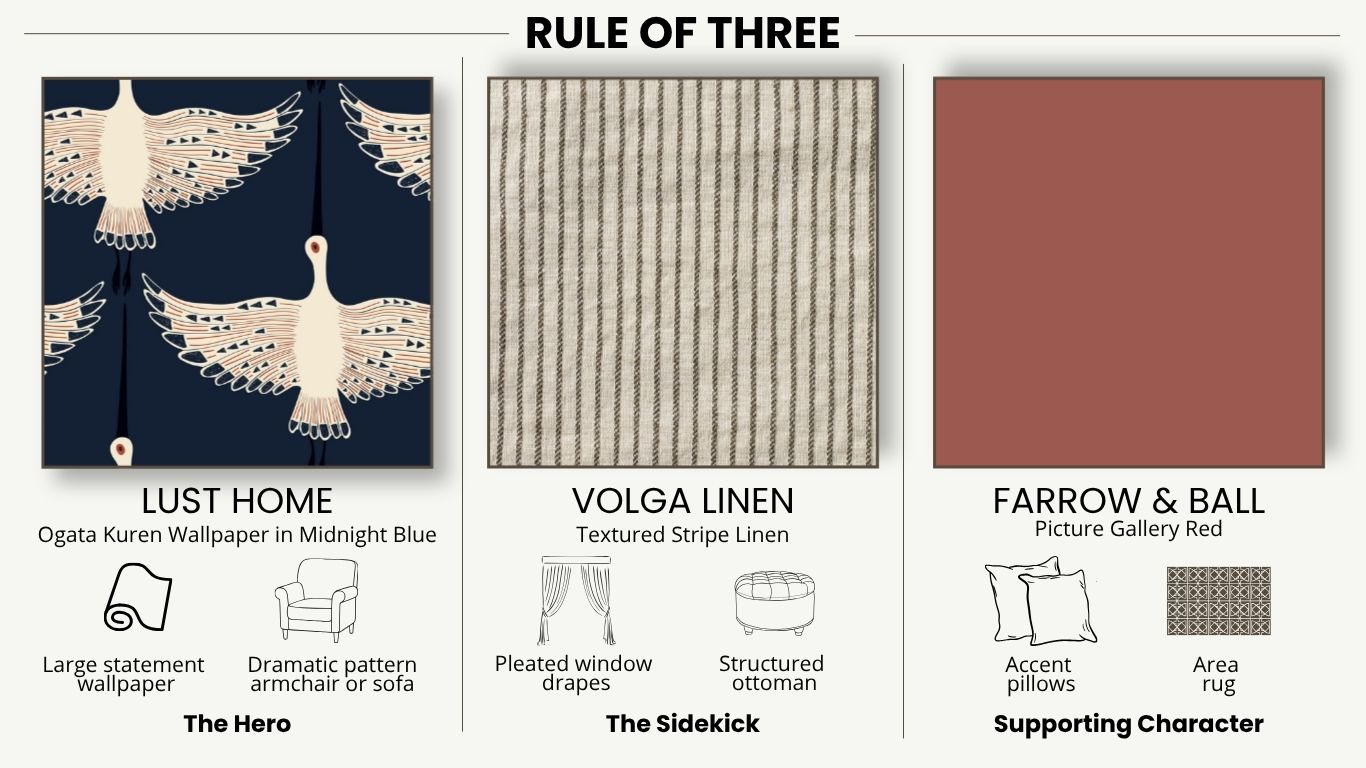 How to use the  rule of three when working with hero prints in interior design
