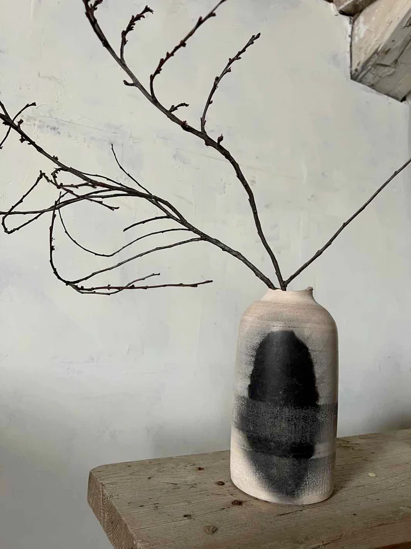 Japandi heritage, Wabi-sabi Raku Japandi cylindrical vase.