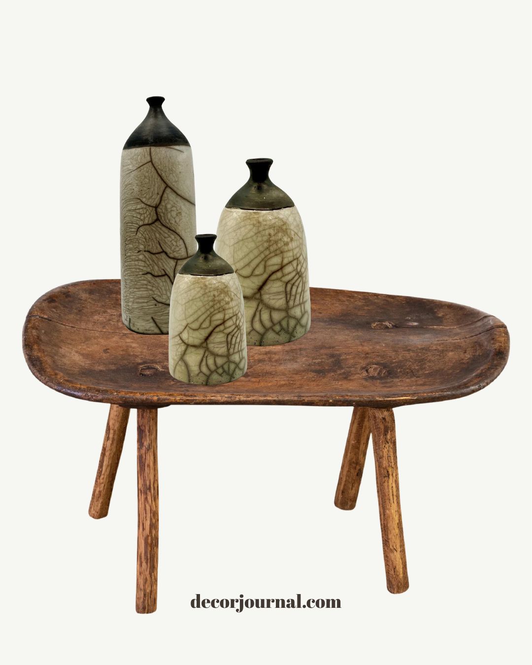 Raku crackle glaze cottles with Antique Wood dough bowl style table