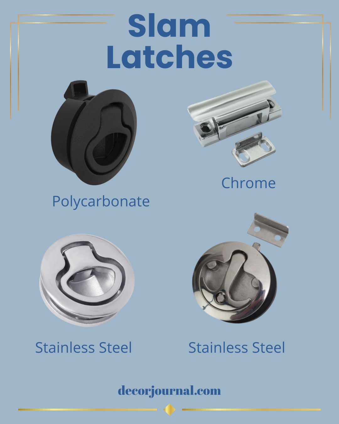 Marine hardware slam latches for residential use