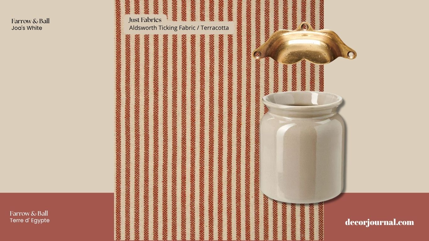 Terracotta and cream ticking fabric bespoke style kitchen mood board