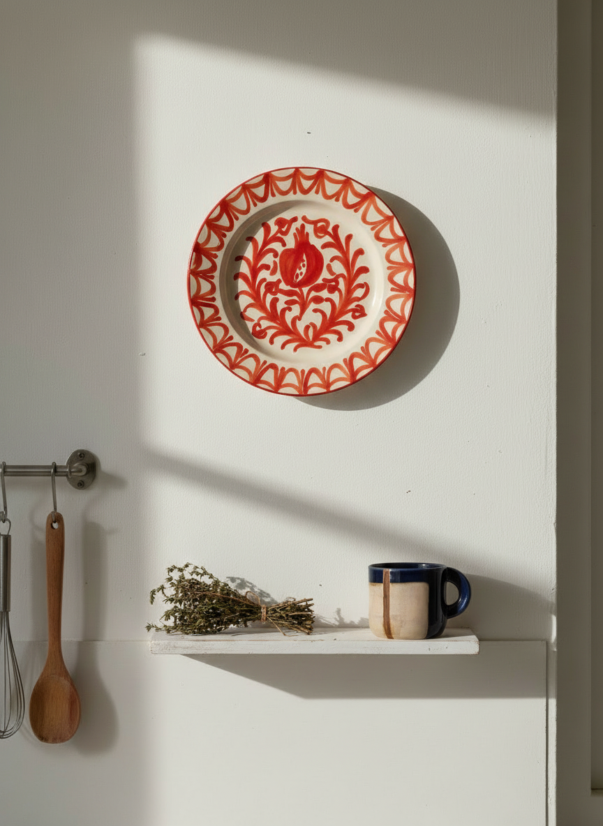 Red wall mounted fajalauza plate in modern kitchen